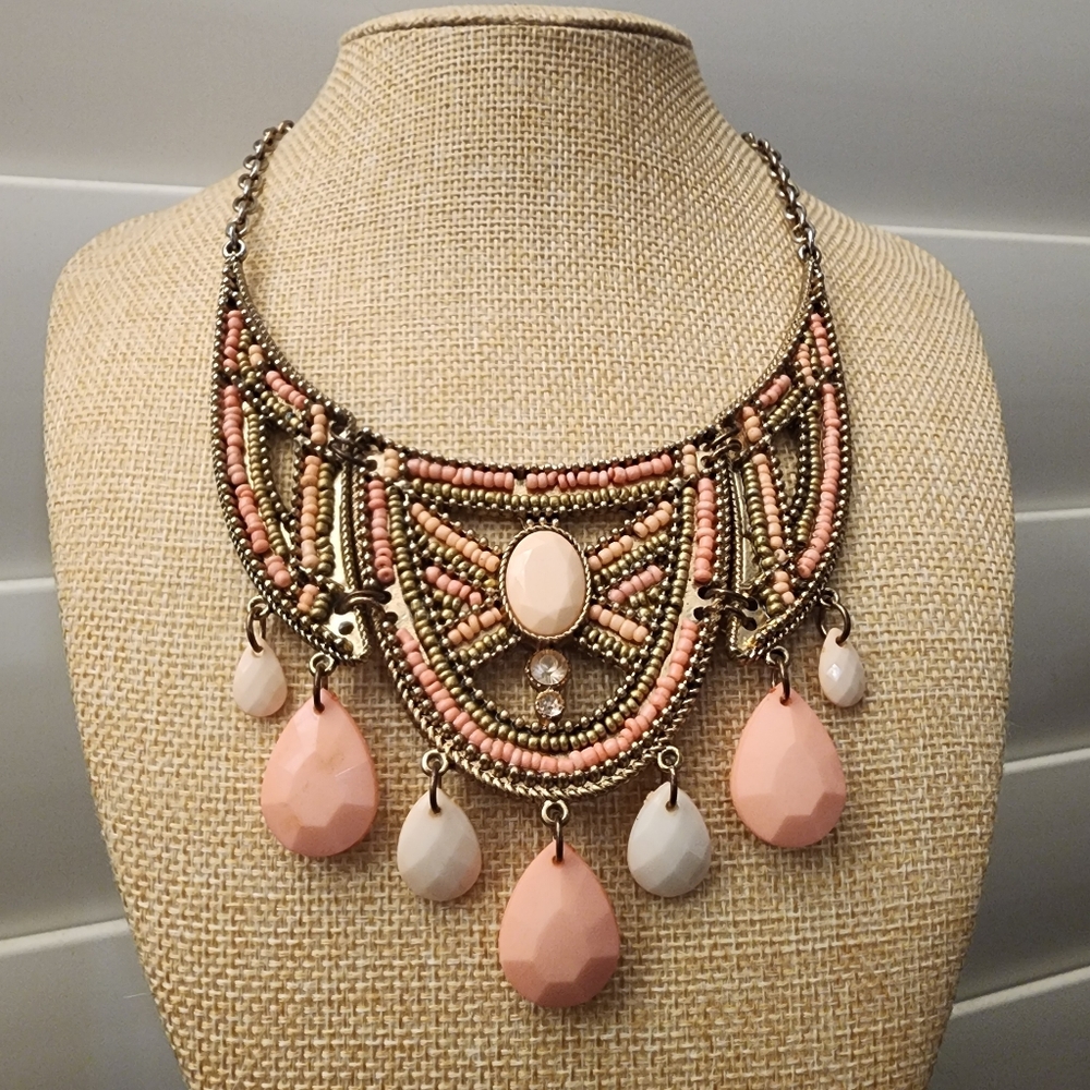 Erica Lyons Boho Pink Gold Statement Bib Necklace Tribal Beaded Teardrop Dangle